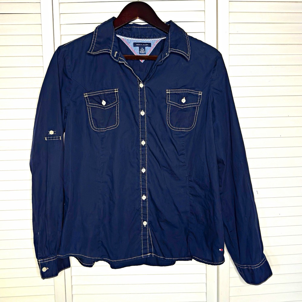 Tommy Hilfiger Women's XL Navy Button Down Utility Shirt Contrast Stitch Fitted